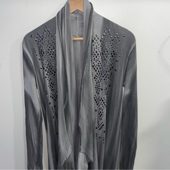 Cardigan Studded Long Sleeve Draped Long Asymmetric Gray Fall Cardigan Size M - Picture 3 of 5